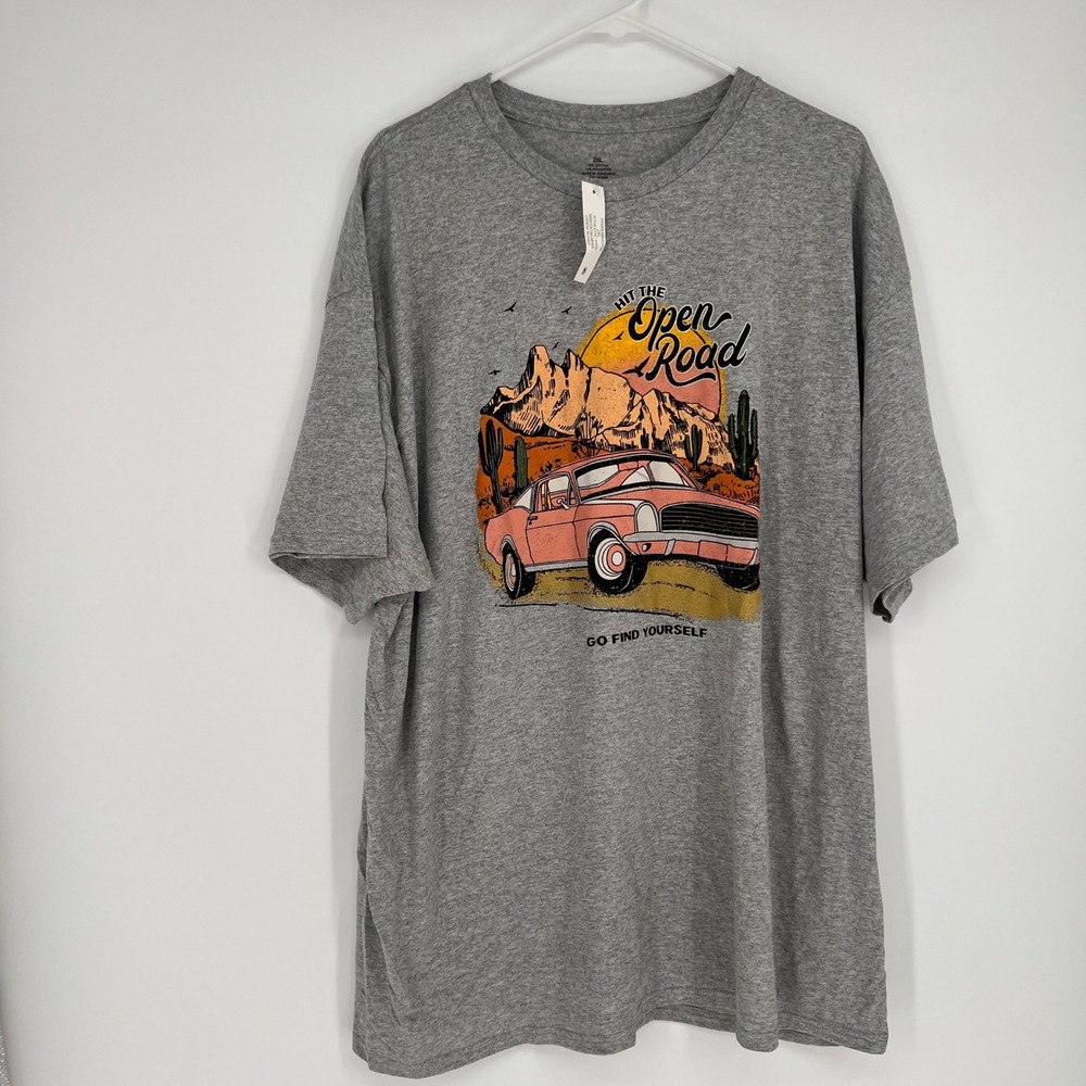 Open Road T-Shirt Mens 2XL Gray Hit The Open Road Desert Car Graphic Print Tee